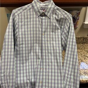 Vineyard Vines Men's Green and Purple Plaid Shirt